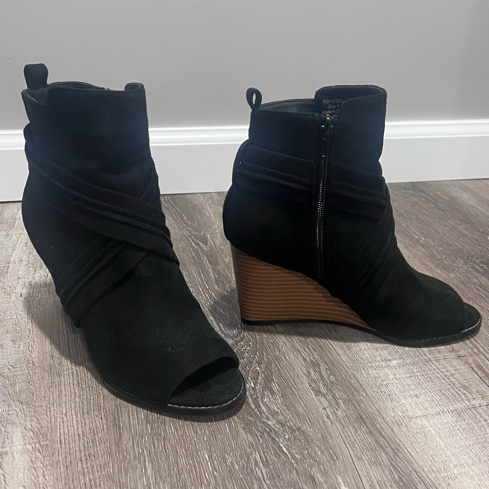 Black open toe wedge booties